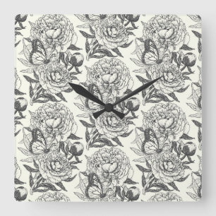 Peonies and butterflies block print,black and whit square wall clock