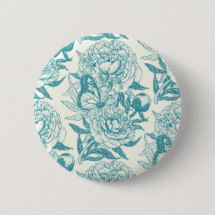 Peonies and butterflies block print, lagoon Blue  6 Cm Round Badge