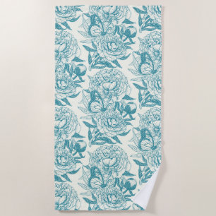 Peonies and butterflies block print, lagoon Blue Beach Towel