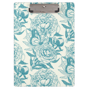 Peonies and butterflies block print, lagoon Blue Clipboard