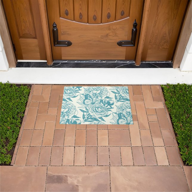 Peonies and butterflies block print, lagoon Blue Doormat (Outdoor)