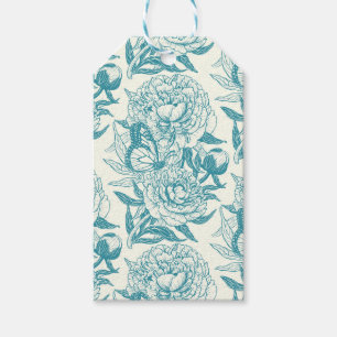 Peonies and butterflies block print, lagoon Blue Gift Tags