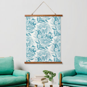 Peonies and butterflies block print, lagoon Blue Hanging Tapestry