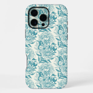 Peonies and butterflies block print, lagoon Blue iPhone 16 Pro Max Case