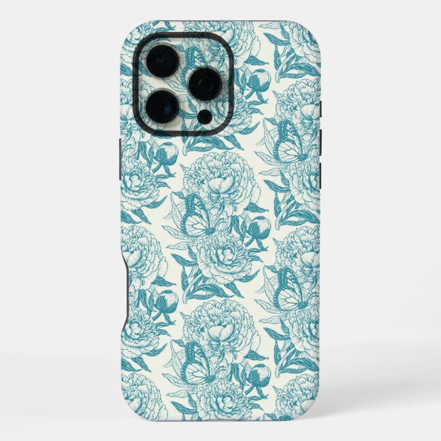 Peonies and butterflies block print, lagoon Blue iPhone Case (Back)