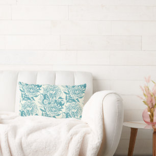 Peonies and butterflies block print, lagoon Blue Lumbar Cushion