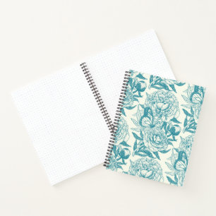 Peonies and butterflies block print, lagoon Blue Notebook