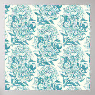 Peonies and butterflies block print, lagoon Blue Poster