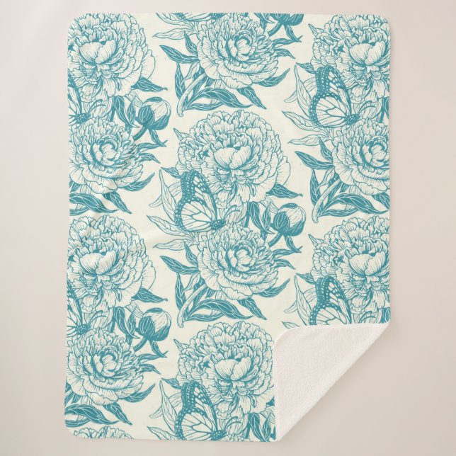 Peonies and butterflies block print, lagoon Blue Sherpa Blanket (Front)