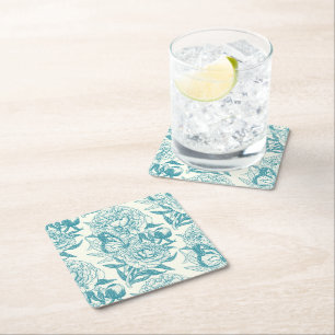 Peonies and butterflies block print, lagoon Blue Square Paper Coaster