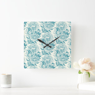 Peonies and butterflies block print, lagoon Blue  Square Wall Clock