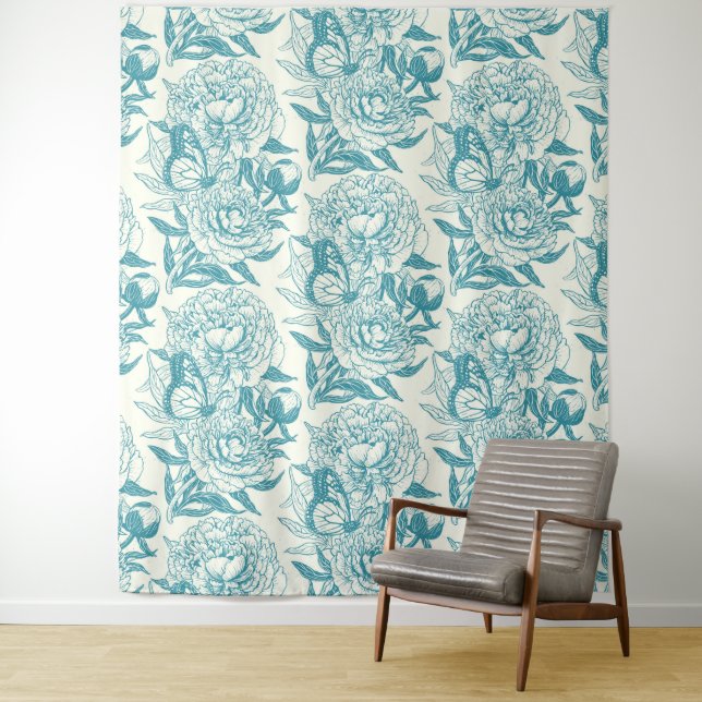 Peonies and butterflies block print, lagoon Blue Tapestry (In Situ)