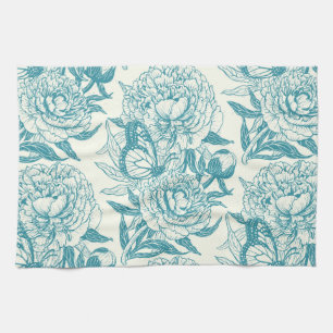 Peonies and butterflies block print, lagoon Blue Tea Towel