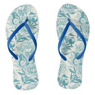 Peonies and butterflies block print, lagoon Blue Thongs