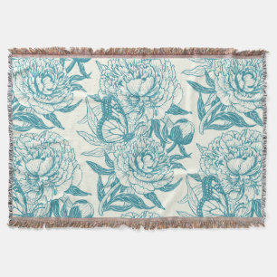 Peonies and butterflies block print, lagoon Blue Throw Blanket