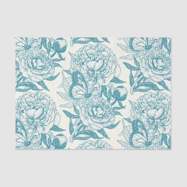 Peonies and butterflies block print, lagoon Blue Tissue Paper (Front)