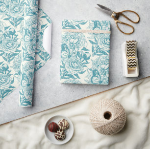Peonies and butterflies block print, lagoon Blue Wrapping Paper