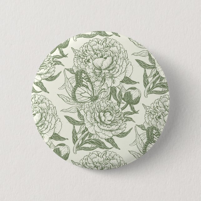 Peonies and butterflies block print, sage green an 6 cm round badge (Front)