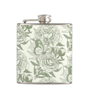 Peonies and butterflies block print, sage green an hip flask