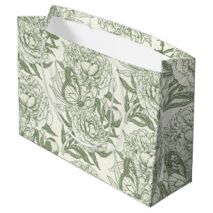 Peonies and butterflies block print, sage green an large gift bag