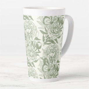 Peonies and butterflies block print, sage green an latte mug