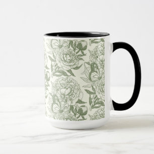 Peonies and butterflies block print, sage green an mug