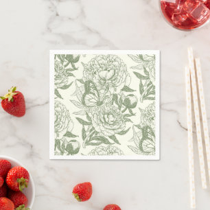 Peonies and butterflies block print, sage green an napkin