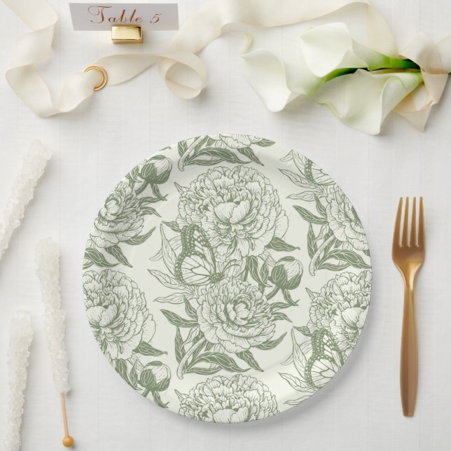 Peonies and butterflies block print, sage green an paper plate (Wedding)