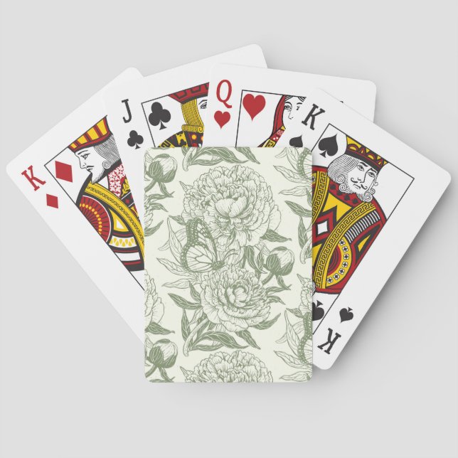 Peonies and butterflies block print, sage green an playing cards (Back)