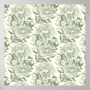 Peonies and butterflies block print,sage green an poster