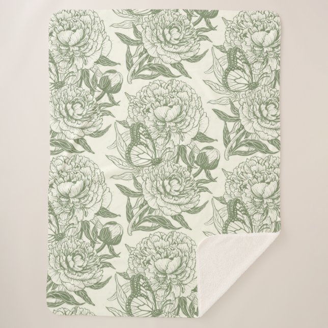 Peonies and butterflies block print, sage green an sherpa blanket (Front)