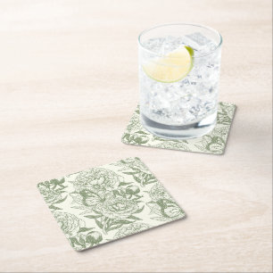 Peonies and butterflies block print, sage green an square paper coaster