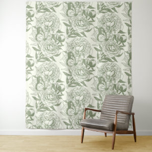 Peonies and butterflies block print, sage green an tapestry
