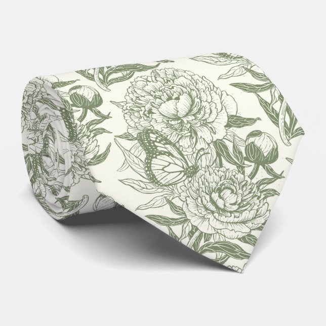 Peonies and butterflies block print, sage green an tie (Rolled)