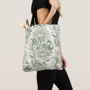 Peonies and butterflies block print, sage green an tote bag