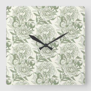 Peonies and butterflies block print, sage green square wall clock