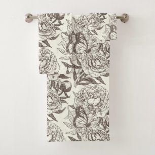 Peonies and butterflies block print, umber on off  bath towel set