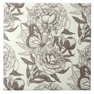 Peonies and butterflies block print, umber on off ceramic tile