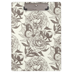 Peonies and butterflies block print, umber on off  clipboard