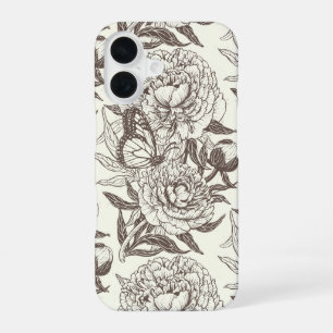 Peonies and butterflies block print, umber on off iPhone 16 case