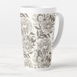 Peonies and butterflies block print, umber on off latte mug