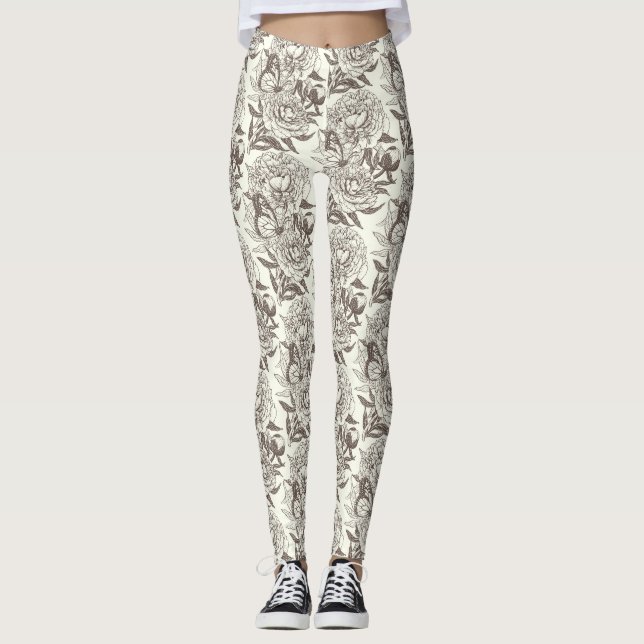 Peonies and butterflies block print, umber on off  leggings (Front)