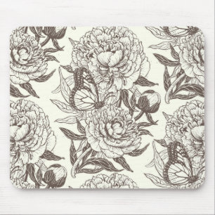 Peonies and butterflies block print, umber on off mouse pad