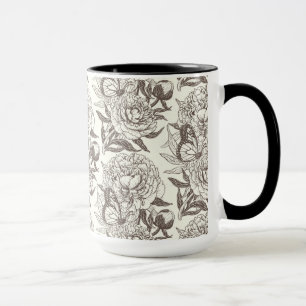 Peonies and butterflies block print, umber on off mug