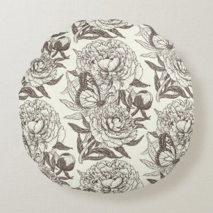 Peonies and butterflies block print, umber on off round cushion