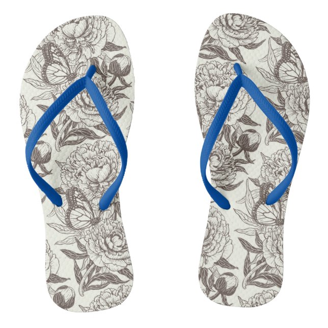 Peonies and butterflies block print, umber on off  thongs (Footbed)