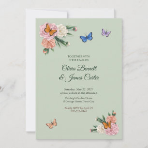 Peonies and Butterflies Sage Green Wedding Invitation