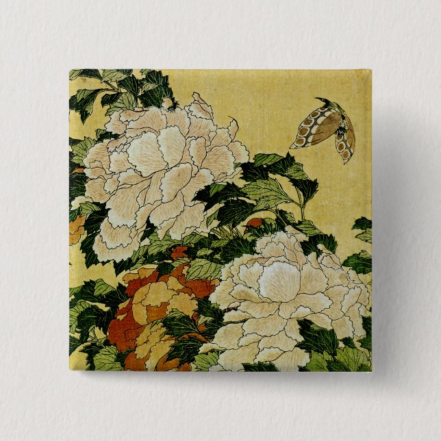 Peonies and Butterfly 15 Cm Square Badge (Front)