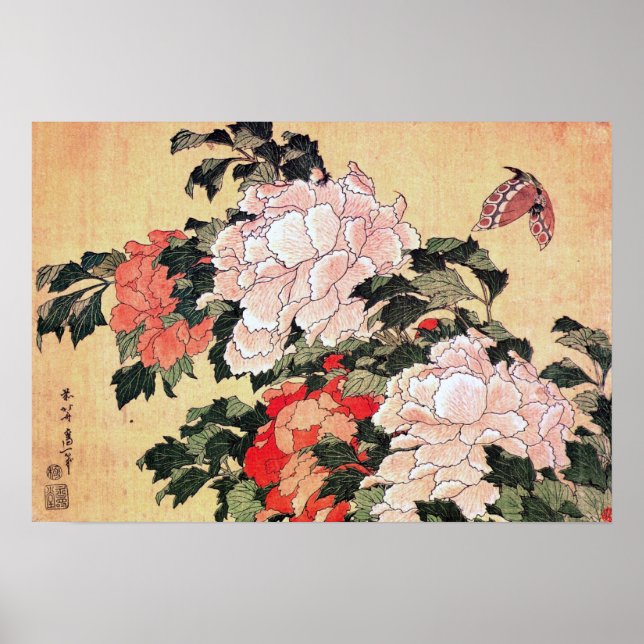 Peonies and Butterfly Hokusai Poster (Front)