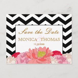 Peonies and Chevrons Save The Date Postcard